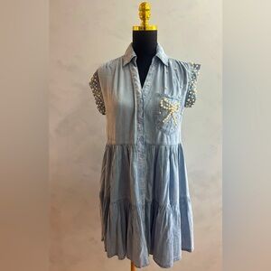 Embellished Denim Dress with Pearl Details